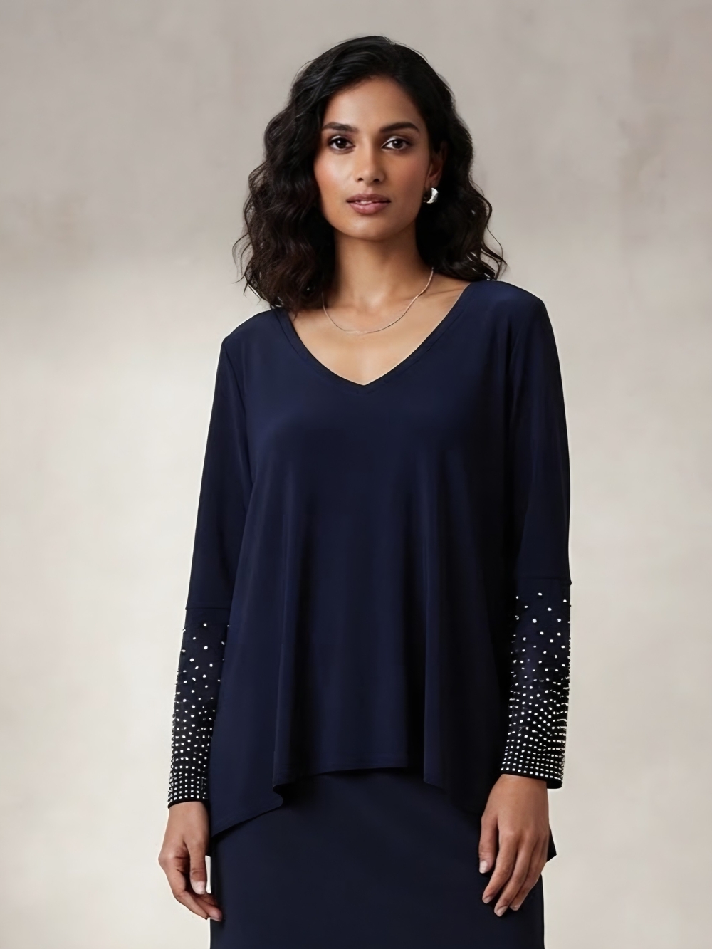 Joseph Ribkoff Navy V-Neck Long Sleeve Top with Embellished Sleeves